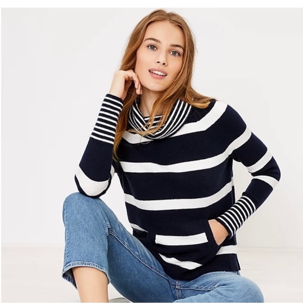 LOFT Navy and White Striped Turtleneck Sweater